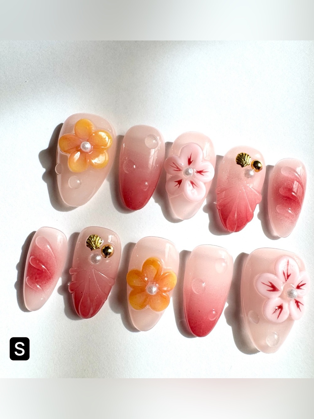 Press-On Nails - Pink Ombre Floral Accent